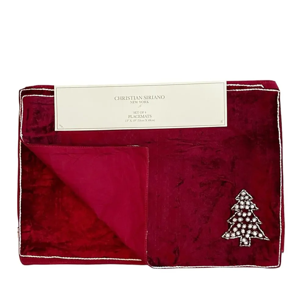 Christian Siriano Christmas Red Velvet Velour Beaded Tree Placemat Set of 4 New